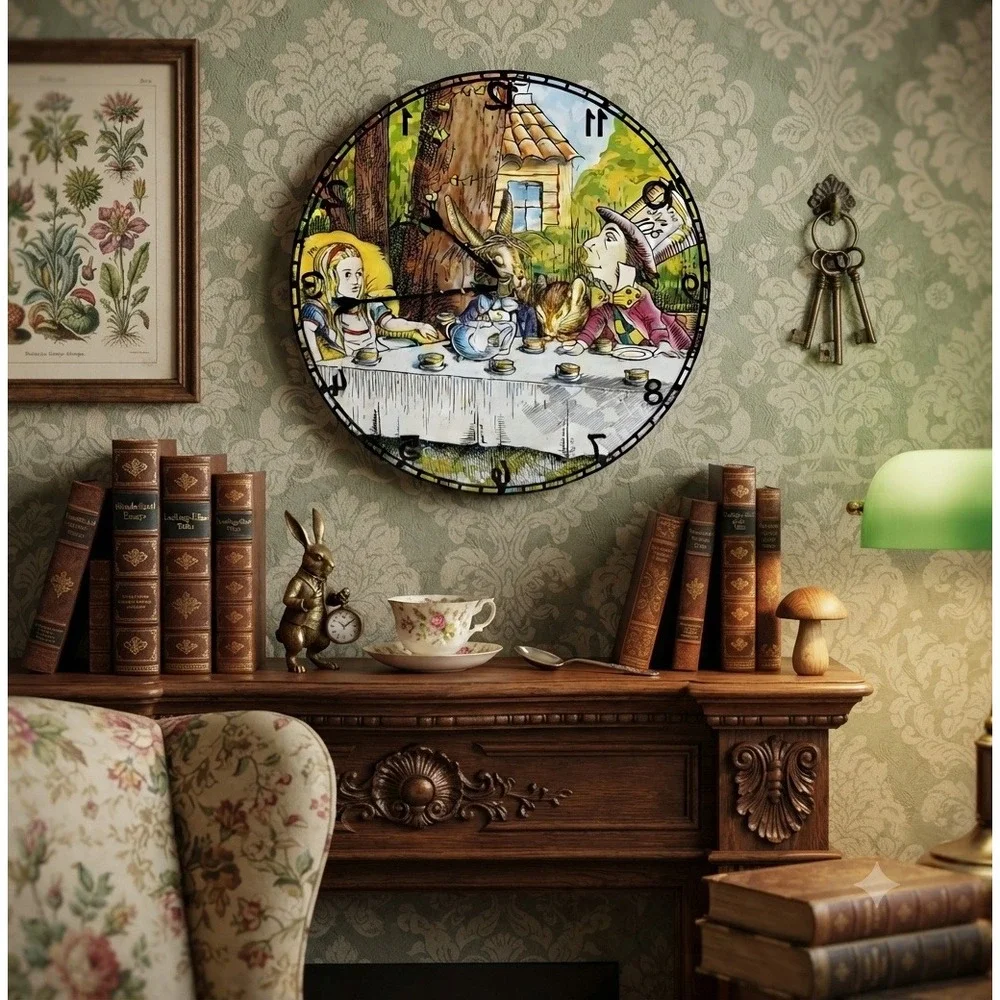Alice in Wonderland Mad Tea Party Wall Clock 10 Inch Round Quartz Wood Back